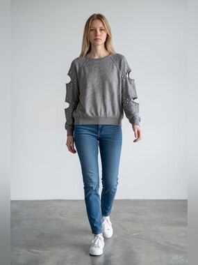 Elan Gray Crewneck Sweatshirt with Cutout Pearl-Studded Sleeves
